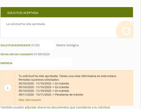 En caso de solicitar prestación por nacimiento de hijo fraccionada podrá conocer el estado de su solicitud on-line 1 1